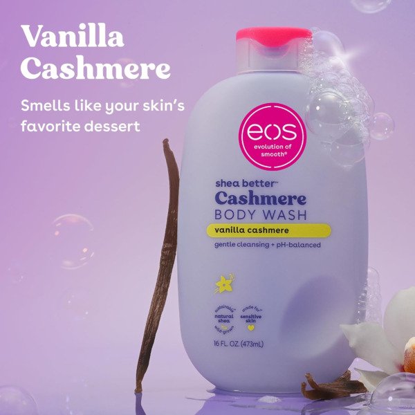 Front view of eos Vanilla Cashmere body wash in a lavender 16 fl oz bottle with pink cap