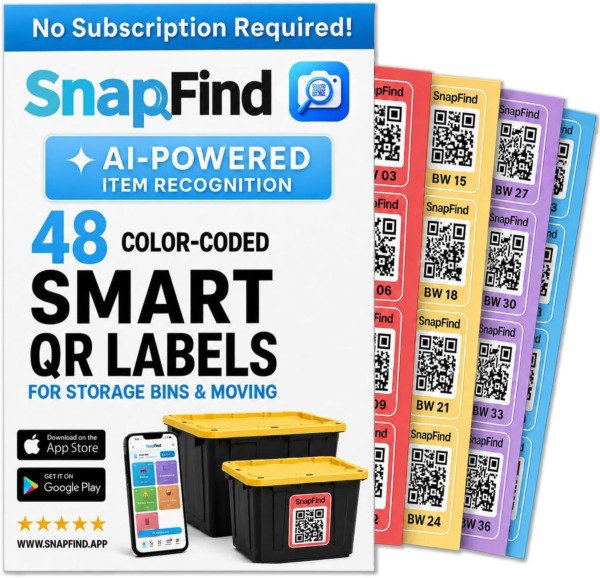 SnapFind pack of 48 color coded smart QR labels for storage bins and boxes with mobile app interface.