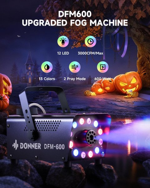 Donner Fog Machine, 600W, 3000CFM, Smoke Machine with 13 LED Light Colors, 1 Wired and 2 Wireless Remote Controls, for Halloween, Wedding, Party and Stage, Indoor Use
