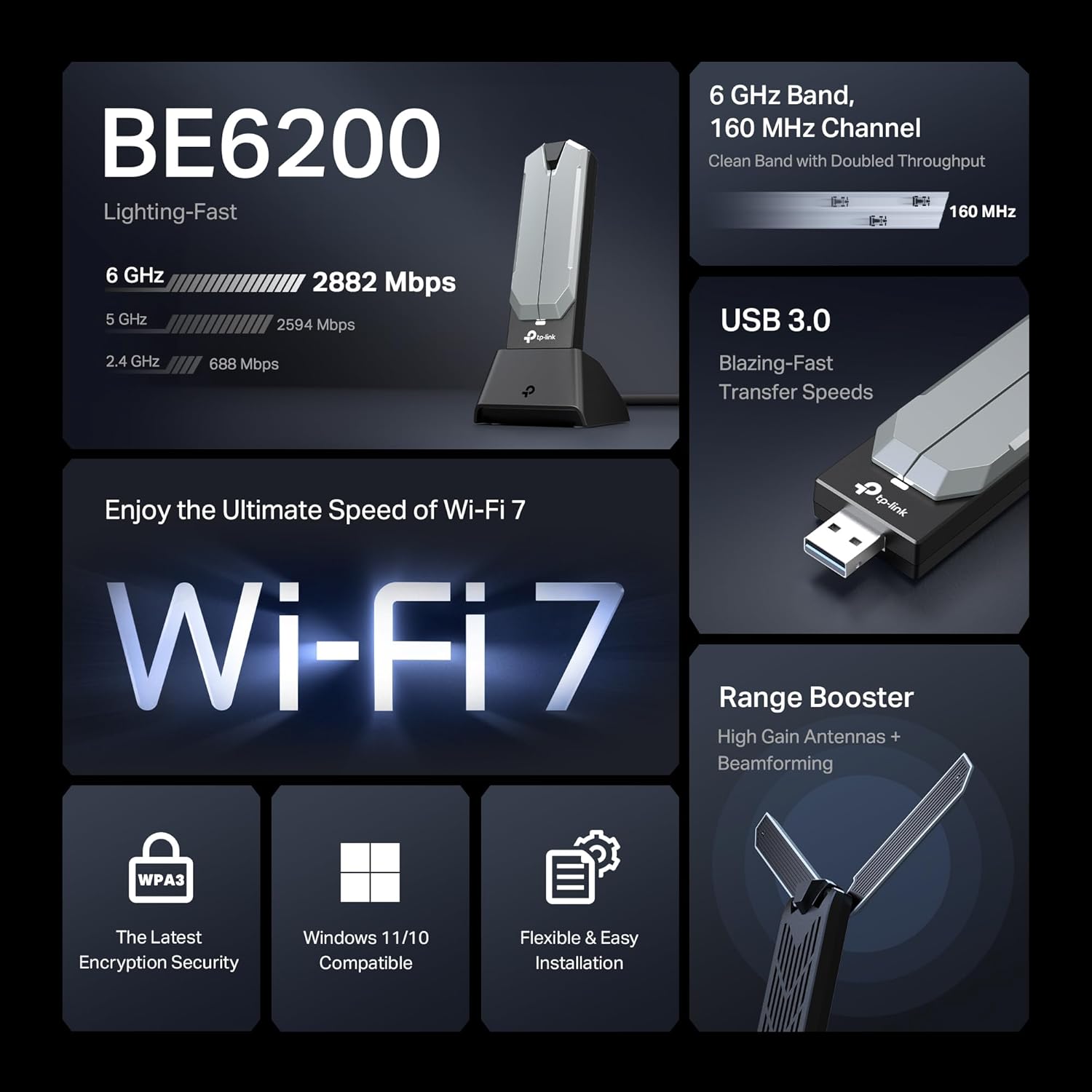 TP-Link Archer TBE401UH BE6200 tri-band USB Wi-Fi 7 adapter with dual antennas for Windows PCs