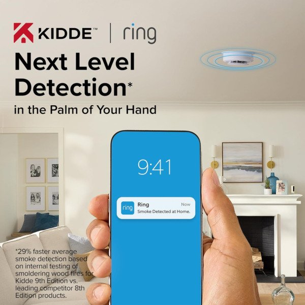 Kidde Smart Smoke Detector with Ring, Hardwire & AA Battery, RGSAR-RW