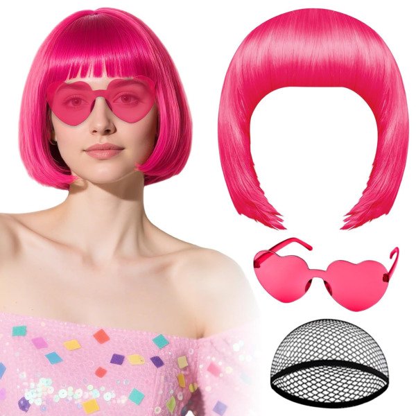 PLULON Hot Pink-Color Bob Wig with Heart Sunglasses Neon Colored Party Wig