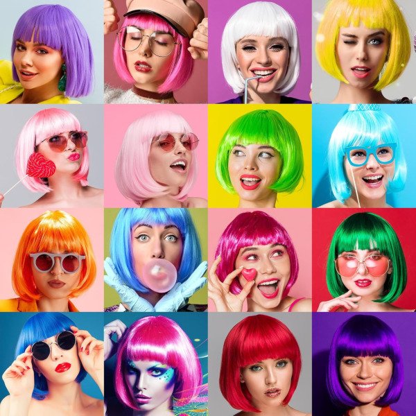 PLULON Hot Pink-Color Bob Wig with Heart Sunglasses Neon Colored Party Wig