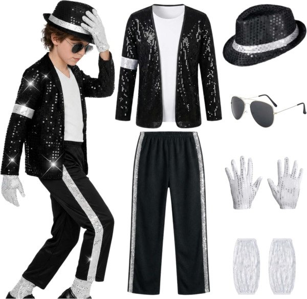 Kids 80s 90s Pop Star Costume, 7-Piece Halloween Dance Outfit Set