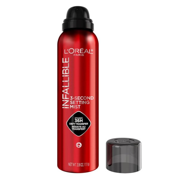 L'Oreal Paris Infallible 3-Second Setting Mist red 3.9 oz spray can with cap removed