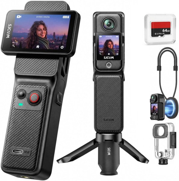 SJCAM C400 4K 64GB Pocket Vlogging Camera Handheld Vlog,7H Recording Streaming Action cam for Travel and Trips,6-Axis Gyro + EIS Stabalization, 2.29'' RotableTouch Screen,30M Underwater