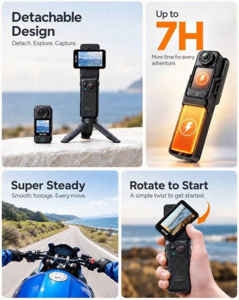 SJCAM C400 4K 64GB Pocket Vlogging Camera Handheld Vlog,7H Recording Streaming Action cam for Travel and Trips,6-Axis Gyro + EIS Stabalization, 2.29'' RotableTouch Screen,30M Underwater