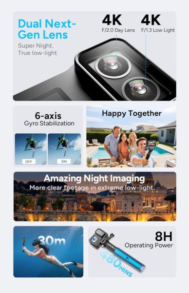 SJCAM SJ20 Action Camera,64GB+MIC Ultra Night Vision & True 4K,8H Power,4K Dual Lens,154° Wide-Angle FOV,Low-Light Motion,Super Stabilization,8X Zoom,30M for Snorkling,Surfing,Diving