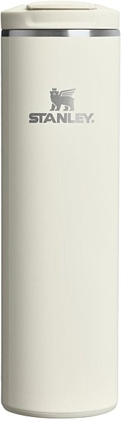 Front view of Stanley Transit FlipTop 20 oz travel mug in Cream Gloss with logo