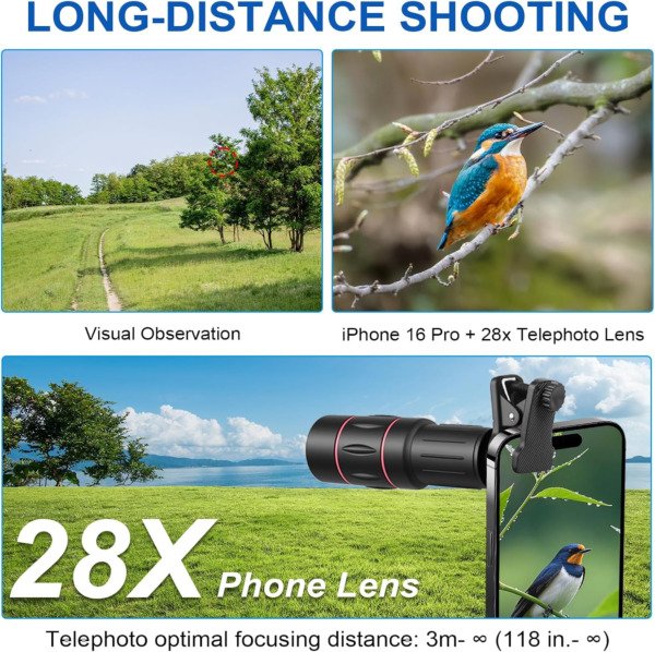 28X Telephoto Zoom Lens with Tripod for iPhone Samsung Android Camera, HD Clip-On Monocular Telescope for Moon, Concerts, Wildlife, Sports Events, Bird Watching, Portable Smartphone Lens Kit
