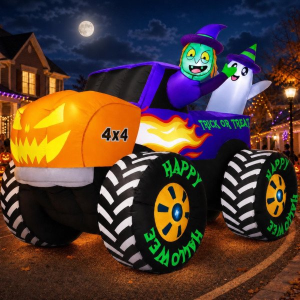 zukakii 8FT Long Giant Halloween Inflatables Decoration Outdoor Monster Truck Car-Halloween Decorations Blow Up Built-in LEDs Huge Pumpkin Blowups Easy Setup Strong Blower for Yard Party