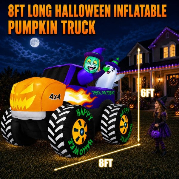 zukakii 8FT Long Giant Halloween Inflatables Decoration Outdoor Monster Truck Car-Halloween Decorations Blow Up Built-in LEDs Huge Pumpkin Blowups Easy Setup Strong Blower for Yard Party
