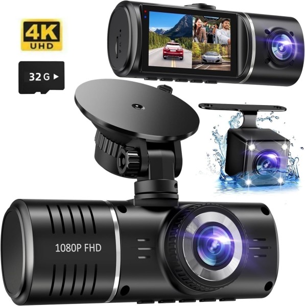 Dash Cam 3 Channel Dash Cam 4K 1080P Dash Cam Front Inside Triple Dash Cam Car Night Vision Dash Camera 32GB Card HDR G Sensor 24Hr Parking Front Rea