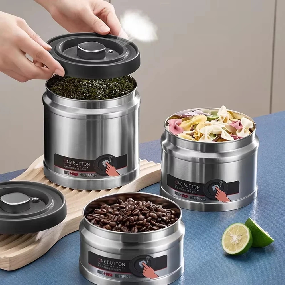 Coffee Beans Vacuum Sealed Jug Stainless Steel Airtight Container Kitchen Food Grains Candy Keep Fresh Storage Jar