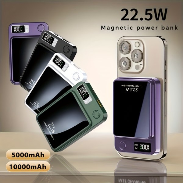 Magnetic Wireless Charging Power Bank 10000 5000mah Portable Wireless Charger 22 5w Pd20w Fast Charging Battery Pack With Display 2 Outputs And Dual Input External Battery Pack For Iphone 17 16 15 14 13 12 And Universal
