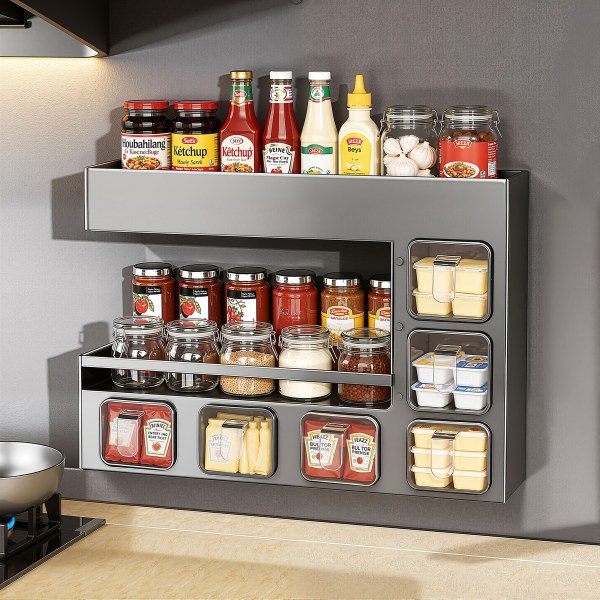 Kitchen Multifunctional Wall Mounted Metal Spice Rack With 6 Seasoning Box Non Food Contact Carbon Steel Wall Mount By