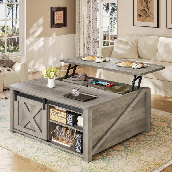 Farmhouse Lift Top Coffee Table With Storage Table With Large Hidden Storage Compartment And Adjustable Shelves For Living Room Blue