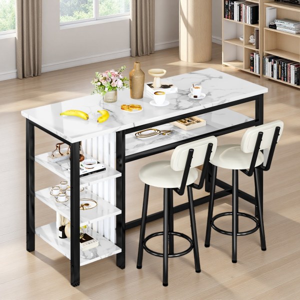 Bar Table With Stools Set Of 2 Kitchen Island With Seating Bar Table Set With Storage Counter Height Small Set Of 2 Faux Marble Kitchen Table And Chairs Set With 2 Pu Leather Upholstered Seat For Small Space Dining Room