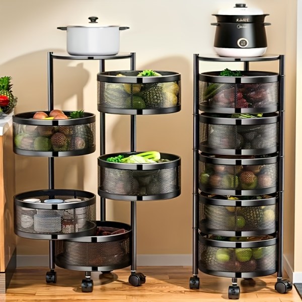 5 Tier Rotating Storage Cart 360 Spinning Round Organizer With Wheels No Space Saving Ideal For Fruits Vegetables Documents Freestanding Ergonomic Spray End Storage And Organization