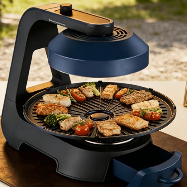 A Rotating Barbecue Griddle Featuring a Spacious Non-Stick Cooking Area, Designed to Be Smokeless for Healthier Grilling. It Includes a Removable Drip Tray for Easy Cleaning, Making It Ideal for Both Indoor And Outdoor Barbecues