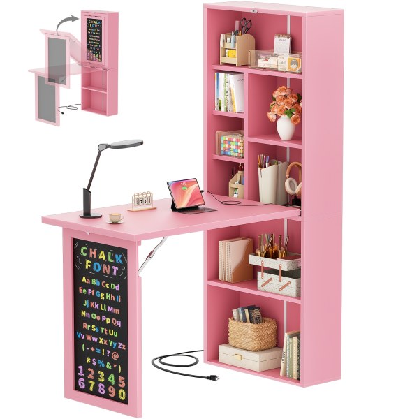 Small Fold Out Desk With Outlets Convertible Writing Desk For Small Spaces Home Office Craft Room Multi Function Desk Workstation With Blackboard Fold Out Cabinet Table