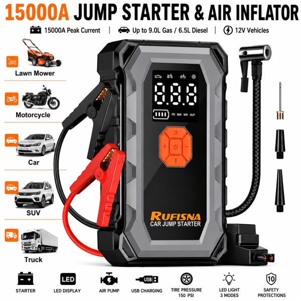 Check out this 15000a 18000a jump starter with air compressor 12v car battery charger 150 psi fast tire inflator all in one emergency power bank led flashlight usb output heavy duty jump starter for gas cars suv truck roadside on Temu. like