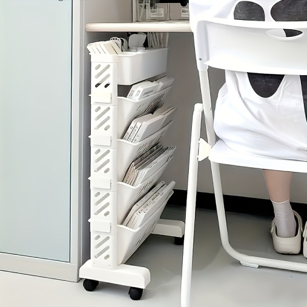 Wheeled 5 Tier Mobile Storage Cart White Multi Layer Rolling Side Table Bookshelf Office Study Student Desk Organizer Book Magazine Toy Kitchen Supplies Storage Space Saving Narrow Wheeled Shelf