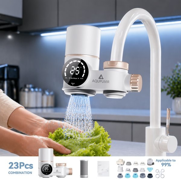 Faucet Mount Water Filtration, 264 Gallons Water Faucet Mount Filtration System, Dual Head Switching with Water Temperature And Life Dual Display for Tap Water Reduces Lead Chlorine, Heavy Metals (23psc Combination)