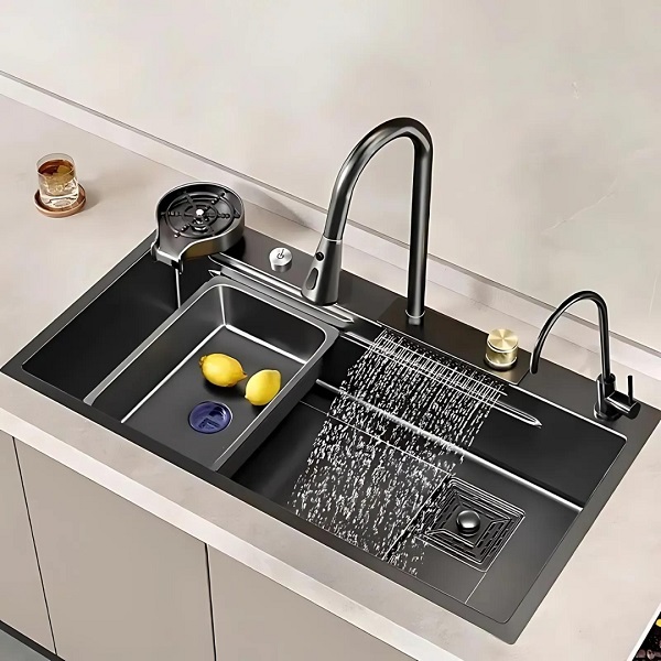 Musurjoy Kitchen Black Sink with waterfall faucet, knife rack, cup wash, and drainer basket.