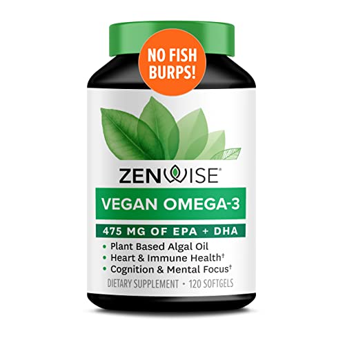Zenwise Vegan Omega-3 Plant Based Fish Oil Alternative Marine Algal Source for EPA and DHA Fatty Acids - Burpless Supplement for Brain Health, Joint Support, Immune System, Heart & Skin - 120 ct