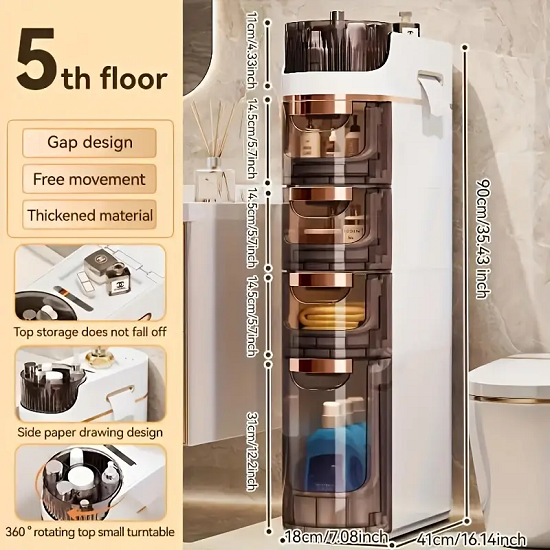 Slim 4/5layers Slim Bathroom Storage Cabinet 6.69inch Narrow Bathroom Floor Cabinet With Wheels Toilet Paper Holder, Multifunctional Storage, Waterproof, Perfect For Small Spaces