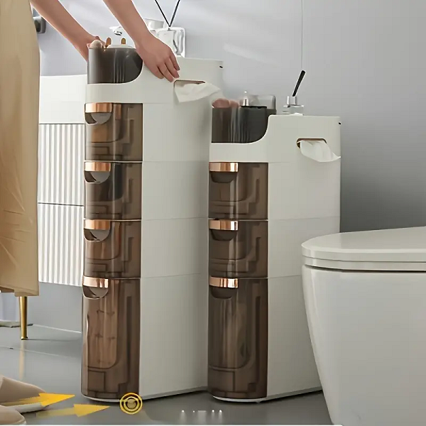 Slim 4/5layers Slim Bathroom Storage Cabinet 6.69inch Narrow Bathroom Floor Cabinet With Wheels Toilet Paper Holder, Multifunctional Storage, Waterproof, Perfect For Small Spaces