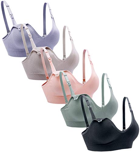 Suekaphin Nursing Bra 5pack Wireless Deep V Neck Maternity Nursing Bra Bralette Sleeping Breastfeeding with Extra Extenders,XLarge,SORT Rib Surface-B