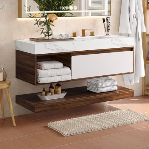 DWVO 48 Inch Floating Vanity, Wall Mounted Bathroom Cabinet, Integrated Set with Sintered Stone Countertop, 1 Drawer for Bathroom Storge, Walnut
