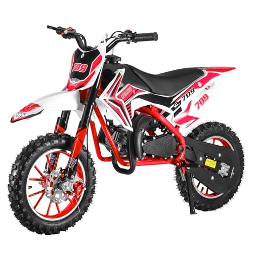 cdar 49cc Kids Dirt Bike, 2-Stroke Gas Power Motocross Off-Road Tires Shock Absorption Springs Soft Seat Cushion Pocket Motorbike with Front Rear Disc Brakes (Red+Black)