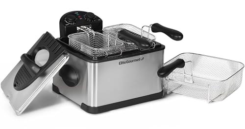 Elite Gourmet EDF-401T Electric 4.5 Qt. / 17 Cup Immersion Deep Fryer 3-Baskets, 1700-Watt, Timer Control Adjustable Temperature, Lid with Viewing Window and Odor Free Filter