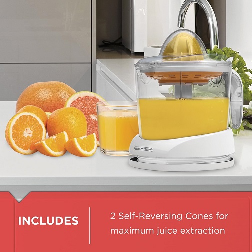 BLACK+DECKER CJ625 Citrus Juicer in white, squeezing an orange half.