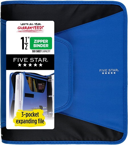 Five Star Zipper Binder, 1-1/2 Inch 3-Ring Binder with 3-Pocket Expanding File, 500 Sheet Capacity, Blue (72202)