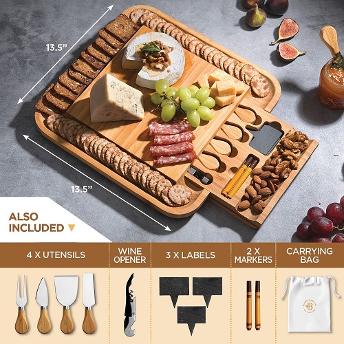 Premium Bamboo Cheese Board Set - Large Charcuterie Boards & Cheese Board with Knife Set - Kitchen Wine Meat Cheese Platter - Unique Wedding Gift and Housewarming Gifts