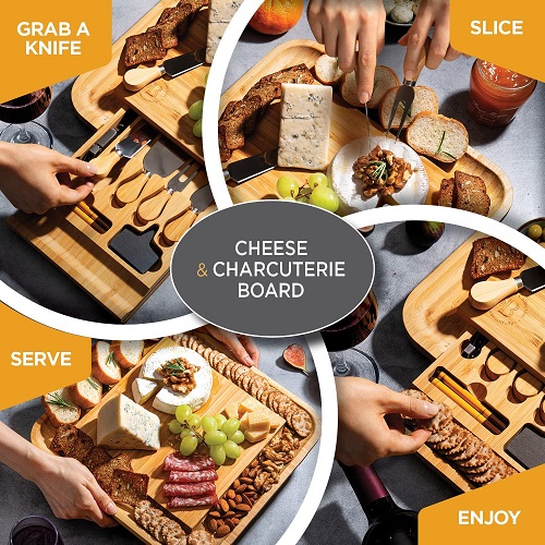 Premium Bamboo Cheese Board Set - Large Charcuterie Boards & Cheese Board with Knife Set - Kitchen Wine Meat Cheese Platter - Unique Wedding Gift and Housewarming Gifts