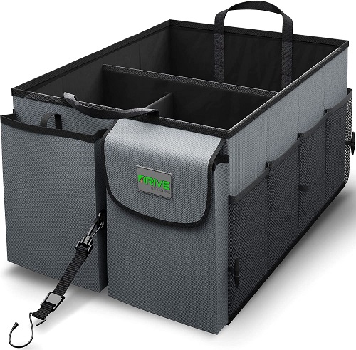 Drive Auto Car Trunk Organizer - Collapsible, Multi-Compartment Automotive SUV Car Organizer for Storage w/ Adjustable Straps - Truck & Car Accessories for Women and Men - Grey