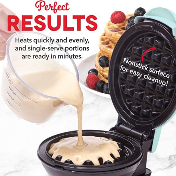 DASH DMW001AQ Mini Maker for Individual Waffles, Hash Browns, Keto Chaffles with Easy to Clean, Non-Stick Surfaces, 4 Inch, Aqua