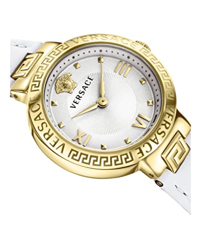 Versace Greca Collection Luxury Womens Watch Timepiece with a White Strap Featuring a Gold Case and White Dial