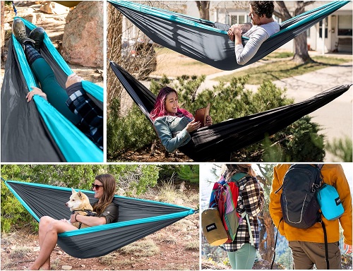 Camping Hammock Double & Single Portable Hammocks with 2 Tree Straps, Lightweight Nylon Parachute Hammocks for Backpacking, Travel, Beach, Backyard, Patio, Hiking From Kootek in - Grey & Sky Blue, Large