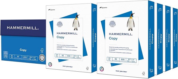 Hammermill 20 lb copy paper case with eight reams, 8.5 x 11 inches, 92 brightness