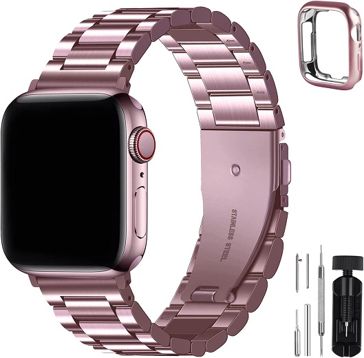 Fullmosa Compatible Apple Watch Band 42mm 44mm 45mm 38mm 40mm 41mm, Stainless Steel iWatch Band with Case for Apple Watch Series 7/6/5/4/3/2/1/SE, 42mm 44mm 45mm Rose Pink