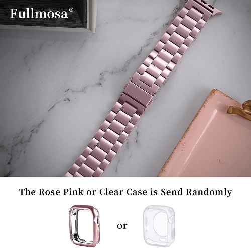 Fullmosa Compatible Apple Watch Band 42mm 44mm 45mm 38mm 40mm 41mm, Stainless Steel iWatch Band with Case for Apple Watch Series 7/6/5/4/3/2/1/SE, 42mm 44mm 45mm Rose Pink