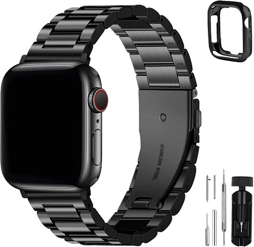 Fullmosa Compatible Apple Watch Band 42mm 44mm 45mm 38mm 40mm 41mm, Stainless Steel iWatch Band with Case for Apple Watch Series 7/6/5/4/3/2/1/SE, 42mm 44mm 45mm Black