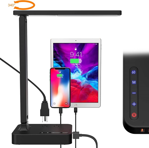 COZOO LED Desk Lamp with 3 USB Charging Ports and 2 AC Outlets,3 Color Temperatures & 3 Brightness Levels, Touch/Memory/Timer Function,10W Eye Protection Foldable Reading Light,Study Lamp for College