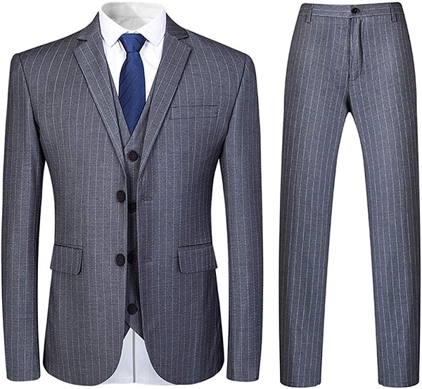 Mens 3 Piece Suit Formal Pinstripe Slim Fit Notched Lapel Dress Blazer Vest Trousers Set Grey